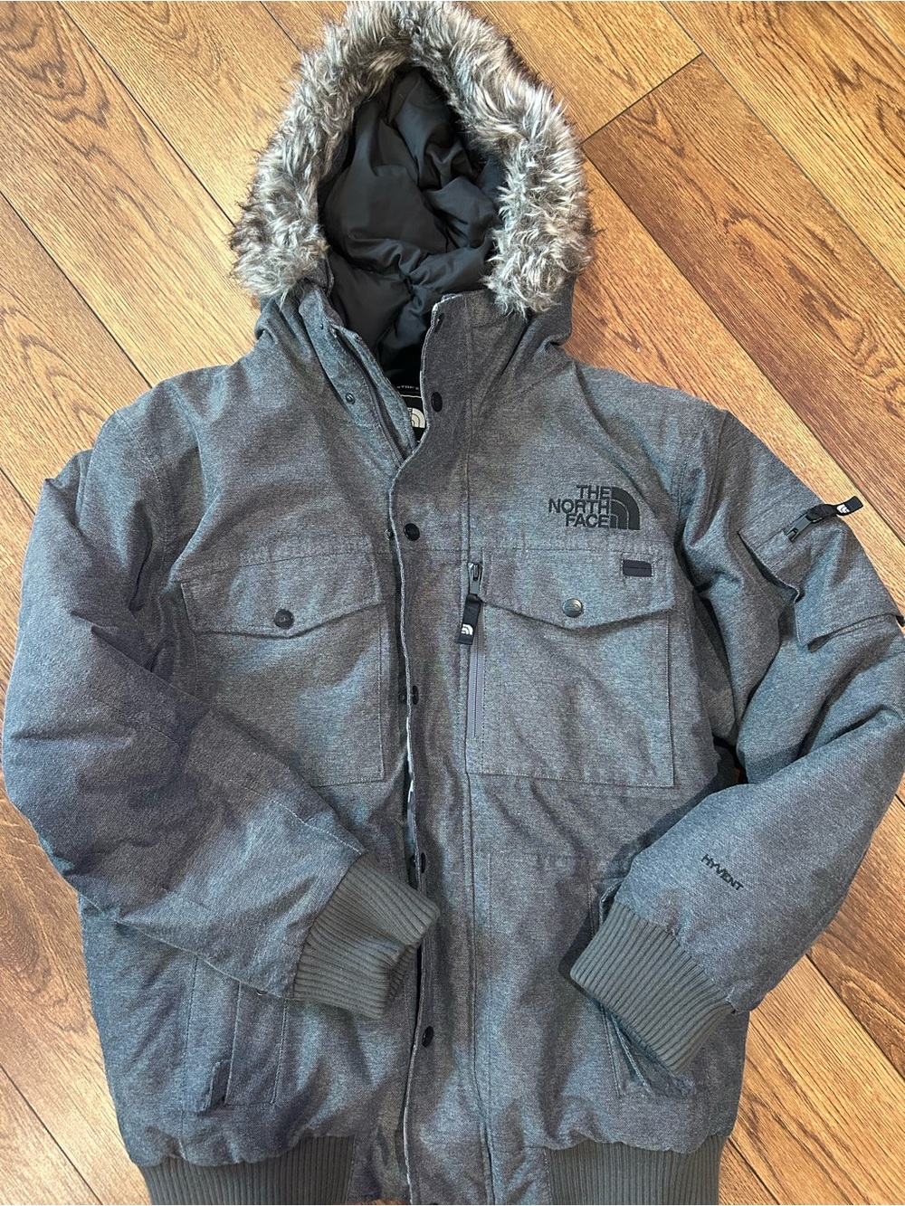 The North Face Gray Hooded Puffer Jacket with Faux Fur Trim